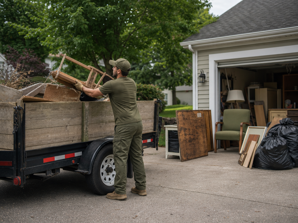 A hauler loads furniture and household clutter into a utility trailer.